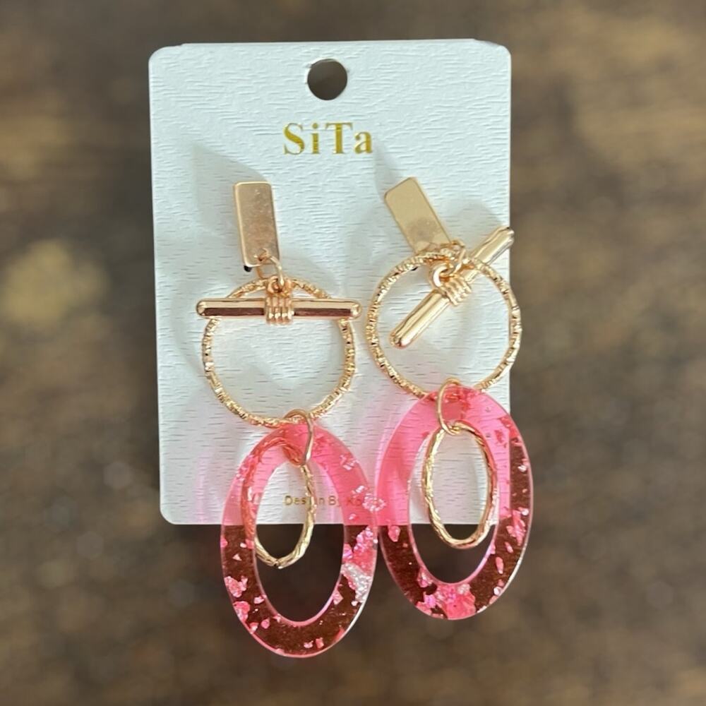 Sita Dangle Earrings Gold Plated Resin Silver Flakes Oval Hoops Fashion Jewelry
